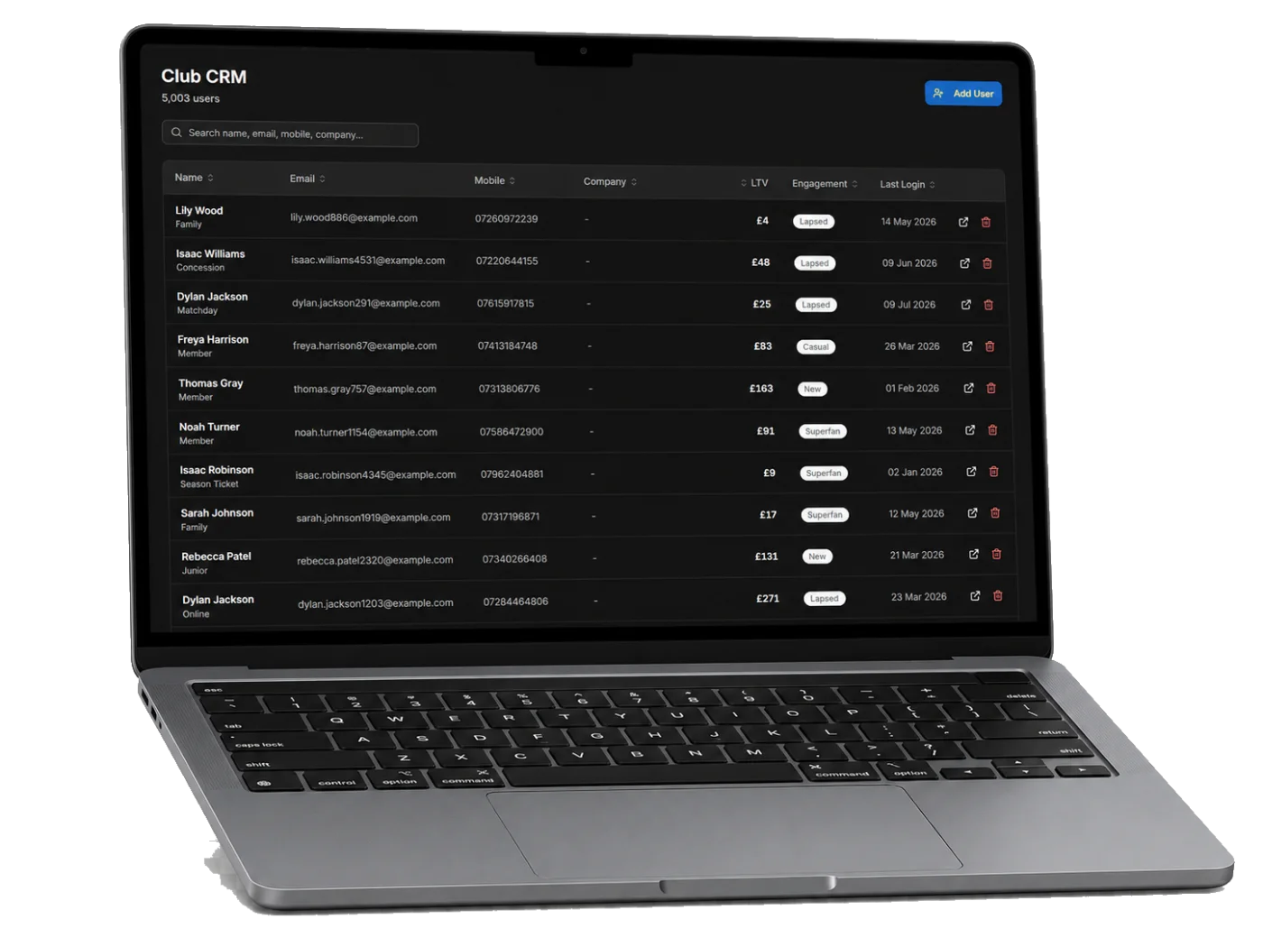Liste des supporters dans StandBased CRM, avec l'engagement et la valeur vie client de chaque supporter