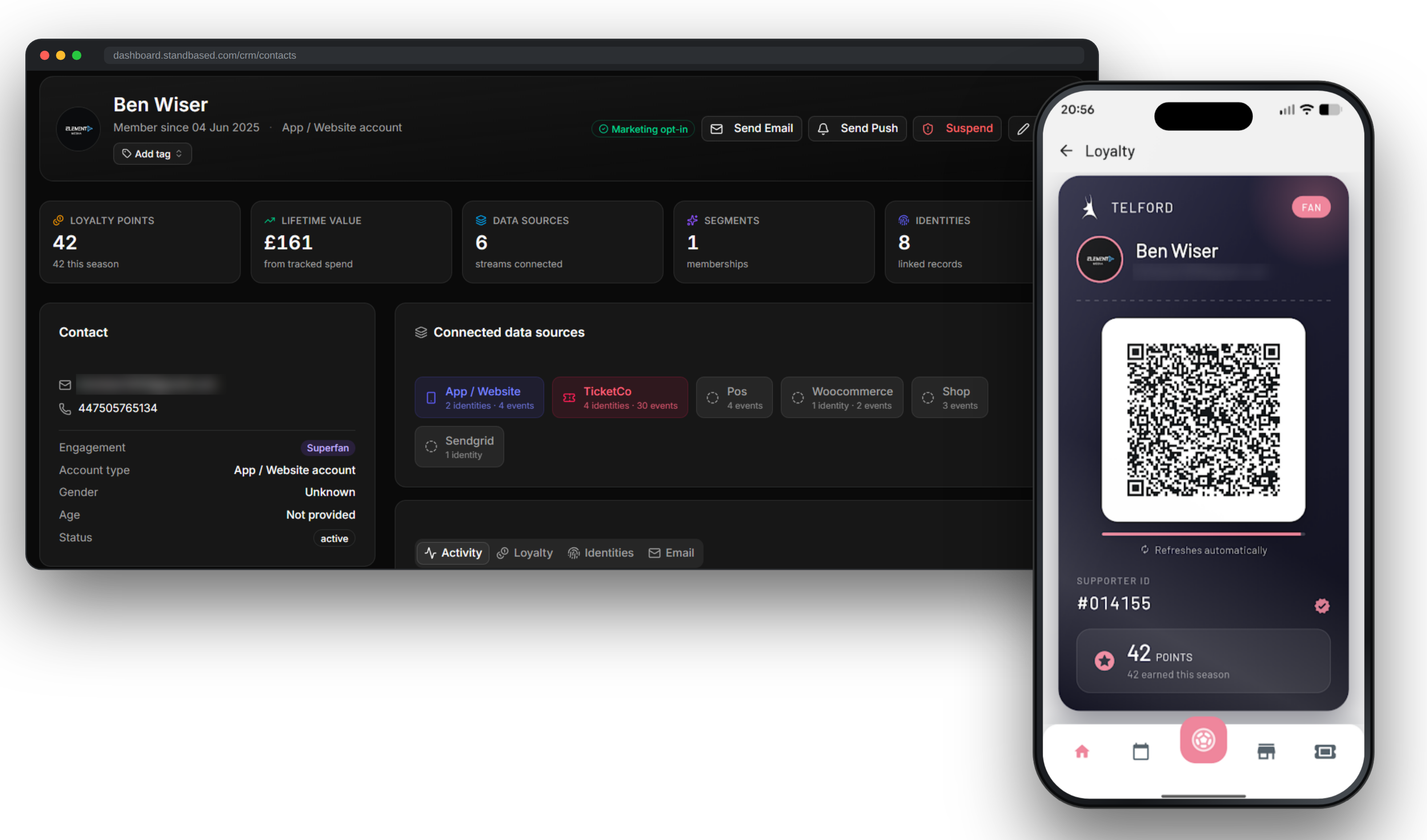 Perfil de aficionado de StandBased con la tarjeta de fidelización digital y el saldo de puntos