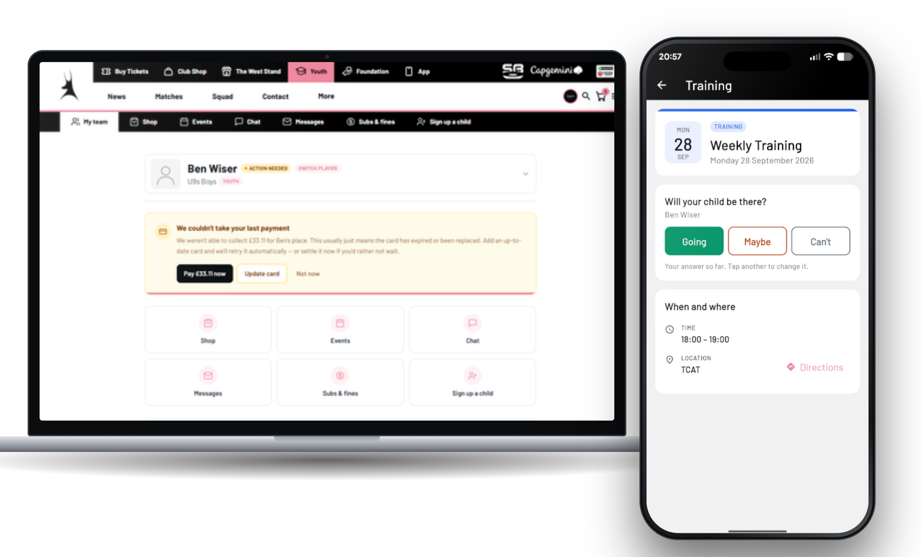 StandBased-Jugendportal mit Zu- und Absagen für eine Trainingseinheit und Anwesenheit der Spieler